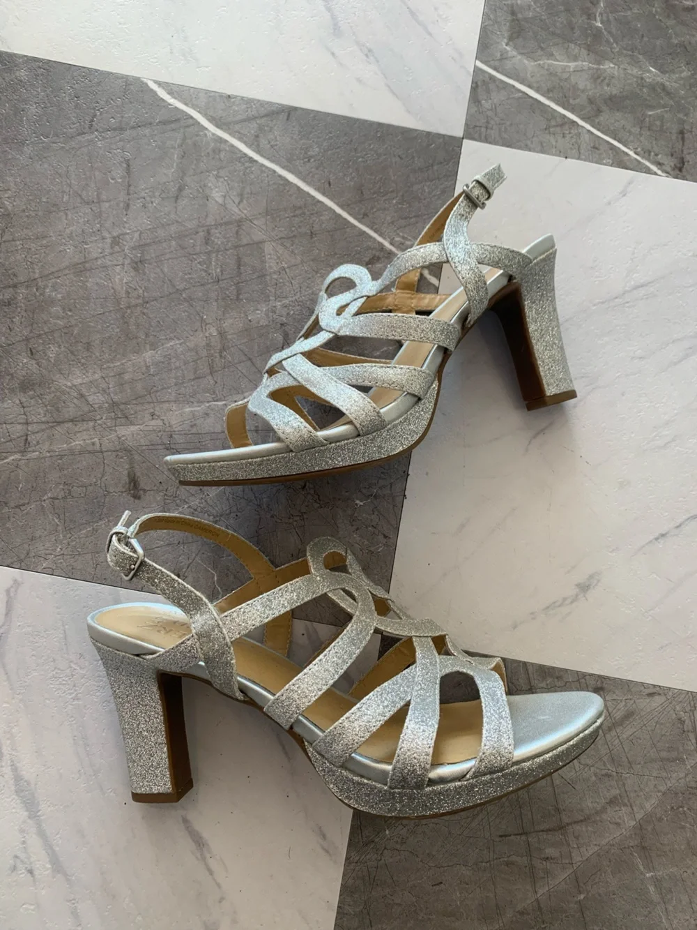 Naturalizer Silver Glitter Strappy Heels
